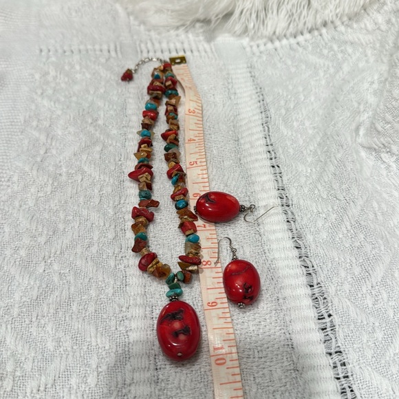 Red Coral, Raw Tiger Eyes, Turquoise & Agate stones Necklace earrings Set! - Picture 7 of 10